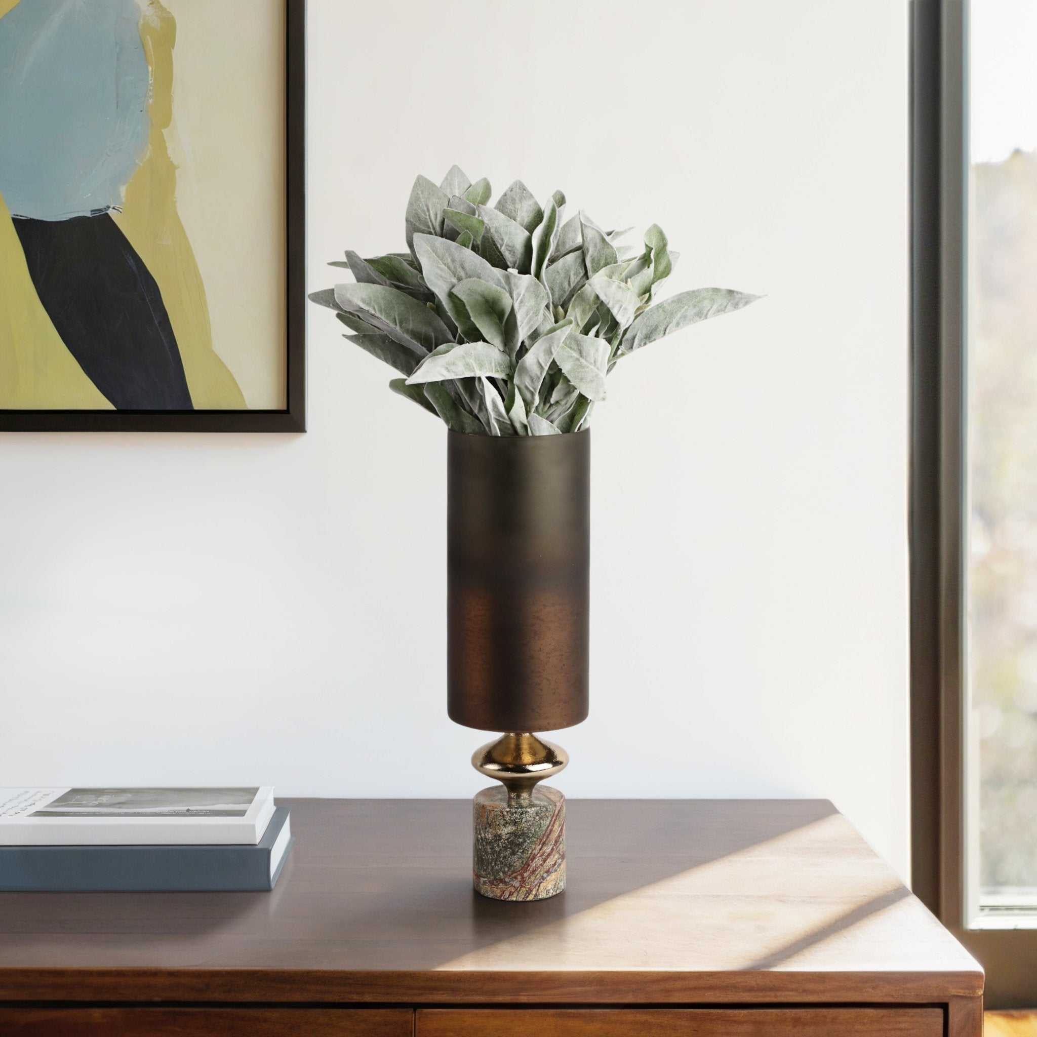 Kano Glass Hurricane W/stone Base, Green Vases and Jars| Sagebrook Home