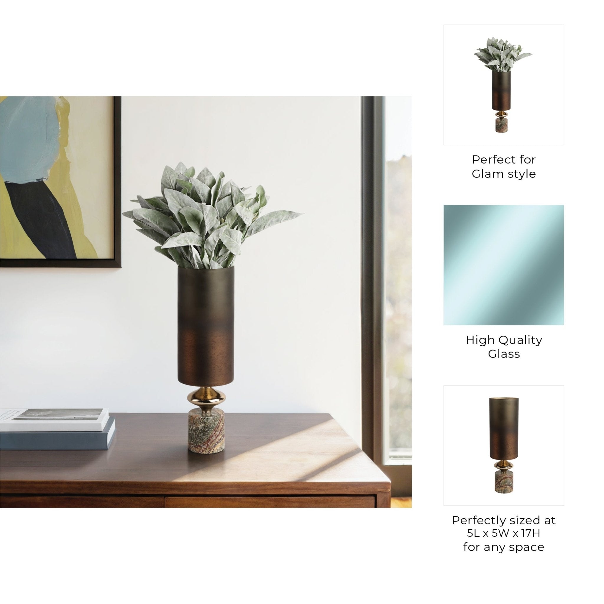 Kano Glass Hurricane W/stone Base, Green Vases and Jars| Sagebrook Home