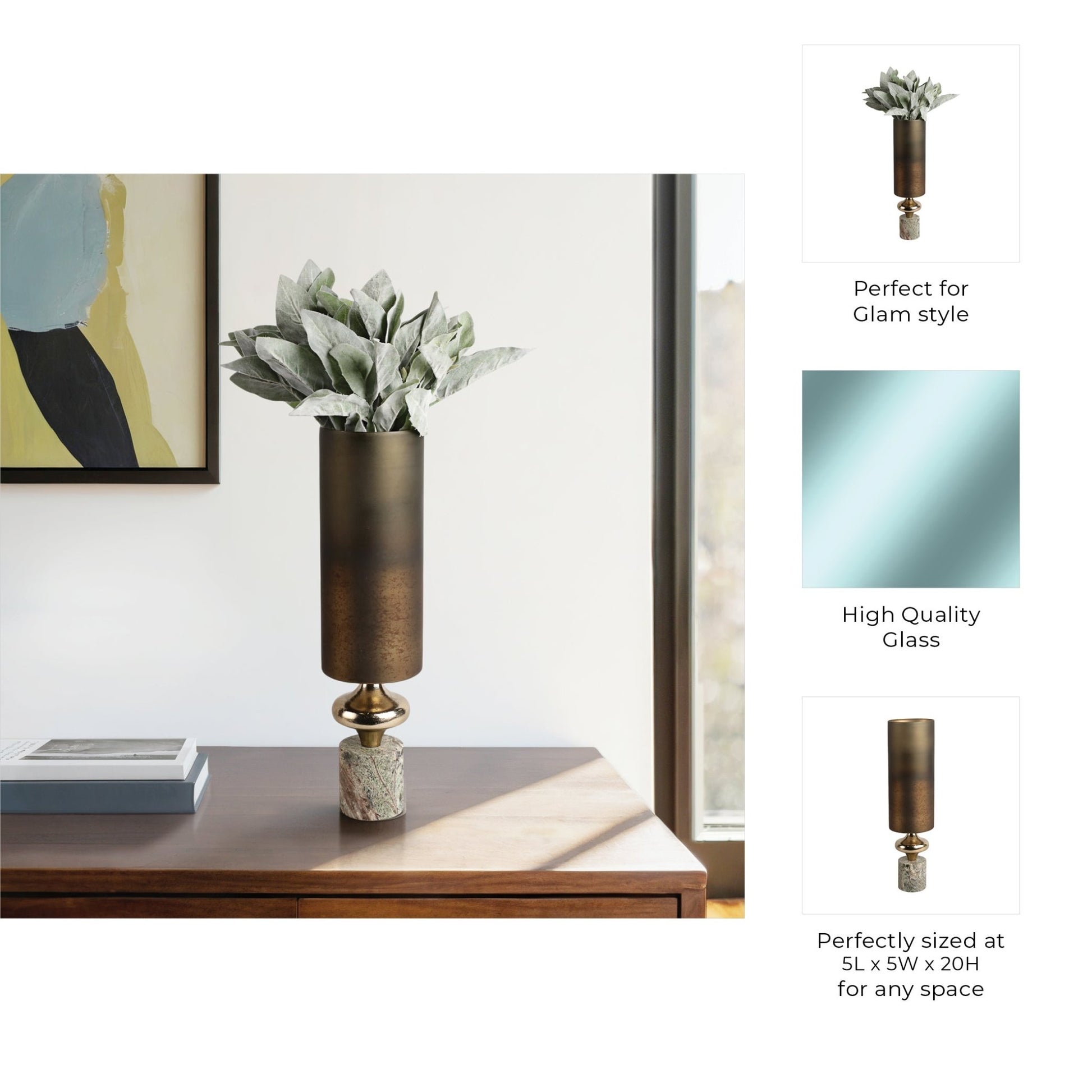 Kano Glass Hurricane W/stone Base, Green Vases and Jars| Sagebrook Home