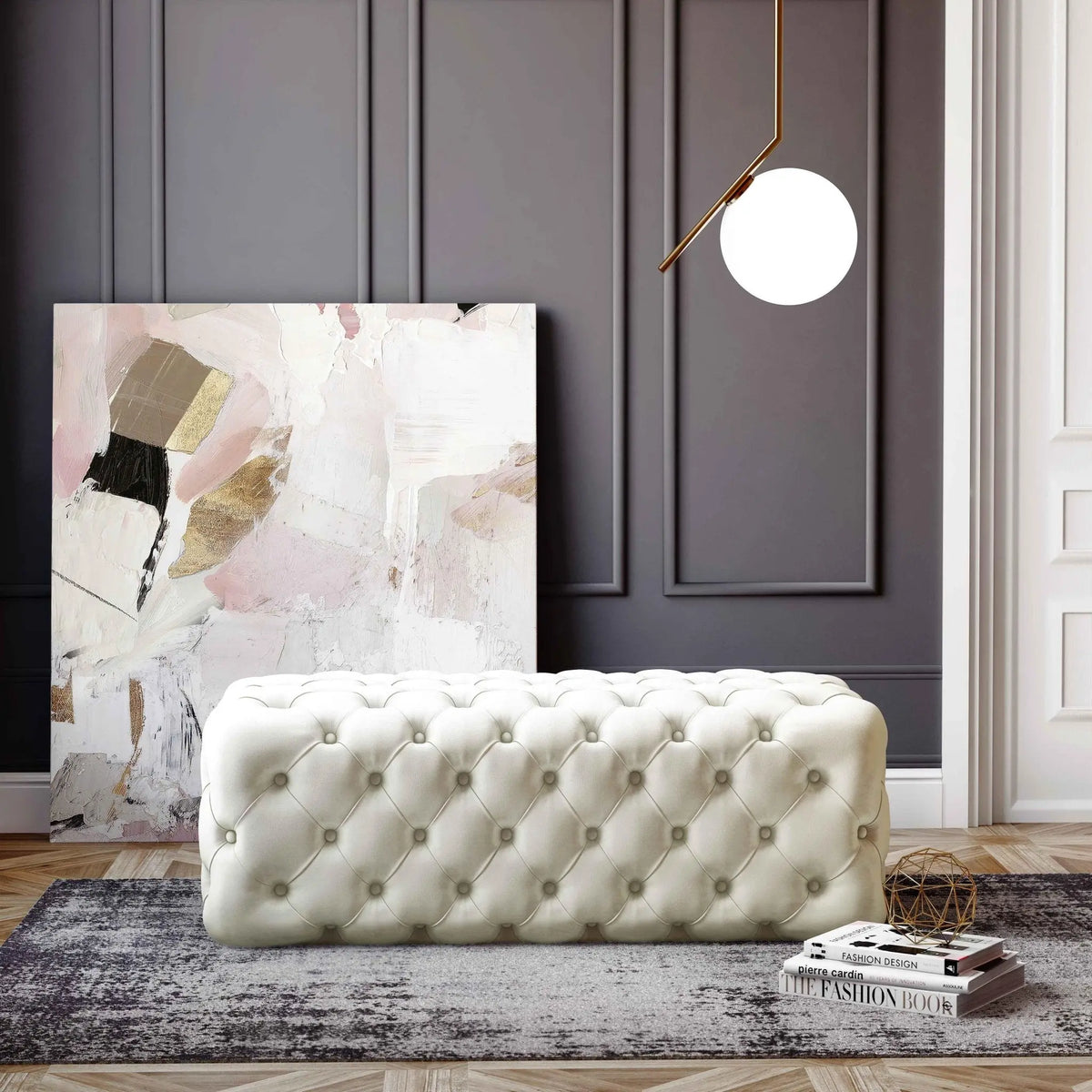 Kaylee Cream Velvet Ottoman Ottomans| TOV
