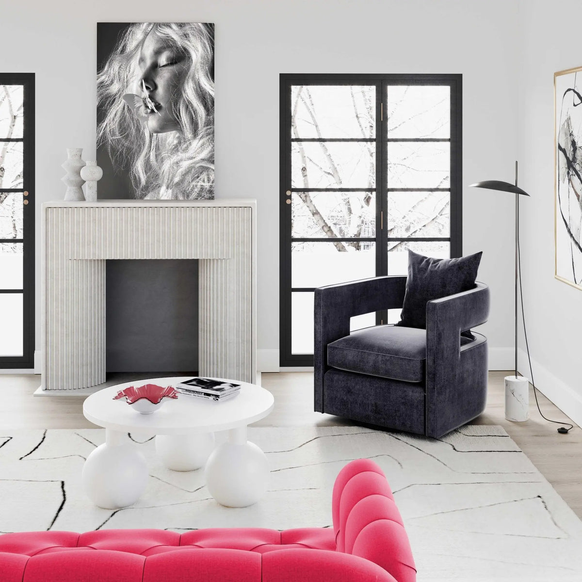 Kennedy Black Textured Velvet Swivel Chair Chairs| TOV