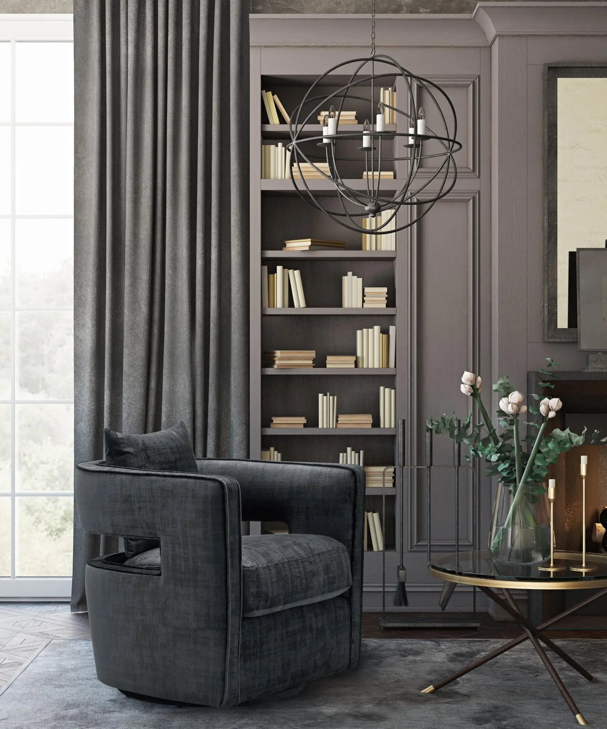 Kennedy Black Textured Velvet Swivel Chair Chairs| TOV