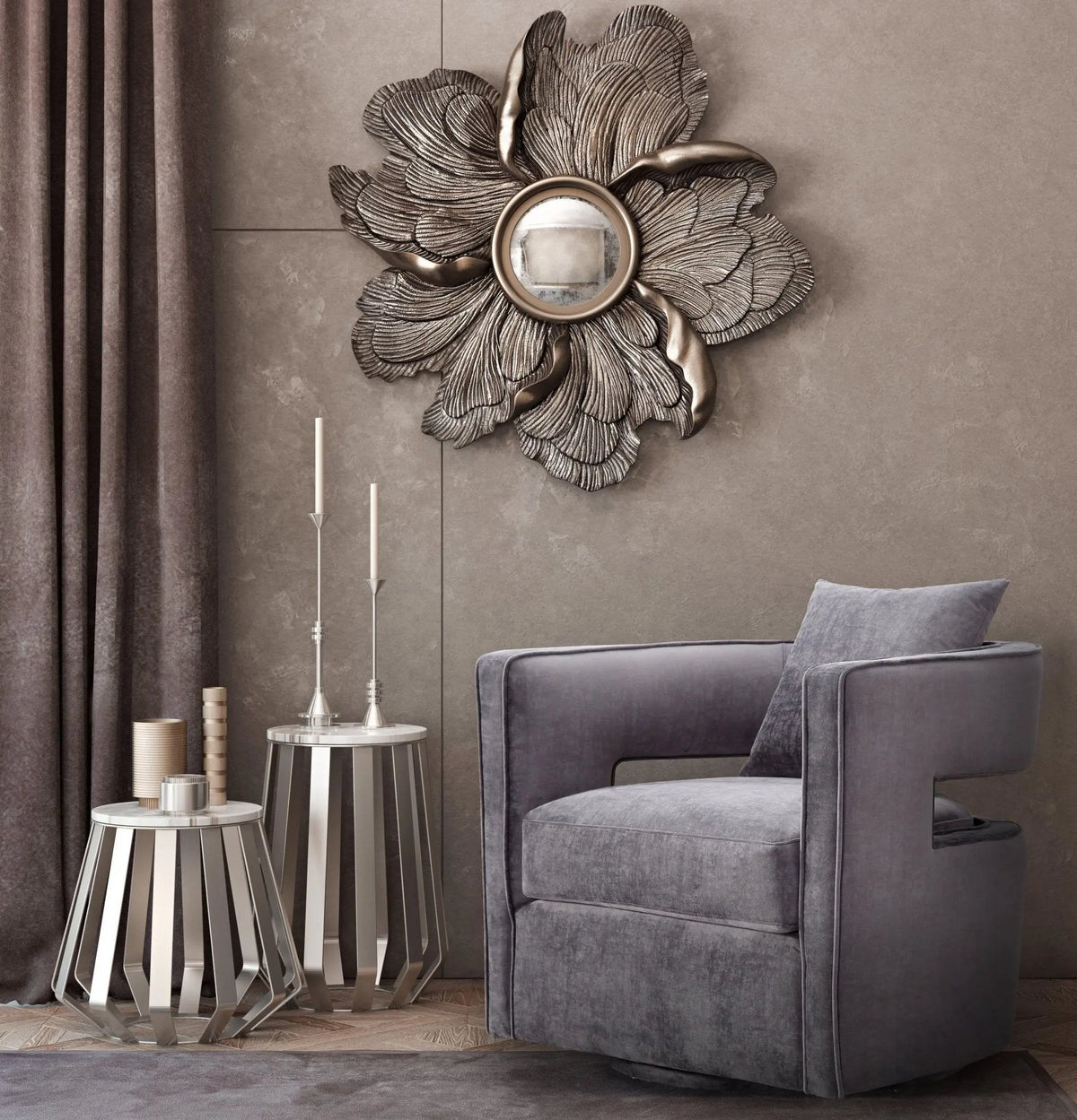 Kennedy Grey Textured Velvet Swivel Chair Chairs| TOV