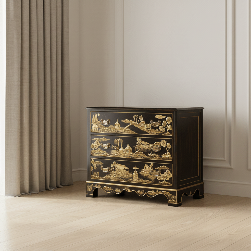 Kensington Collection - Chinoiserie Style Ebonised Bedside Chest of Drawers Cabinets & Chests| Jonathan Charles