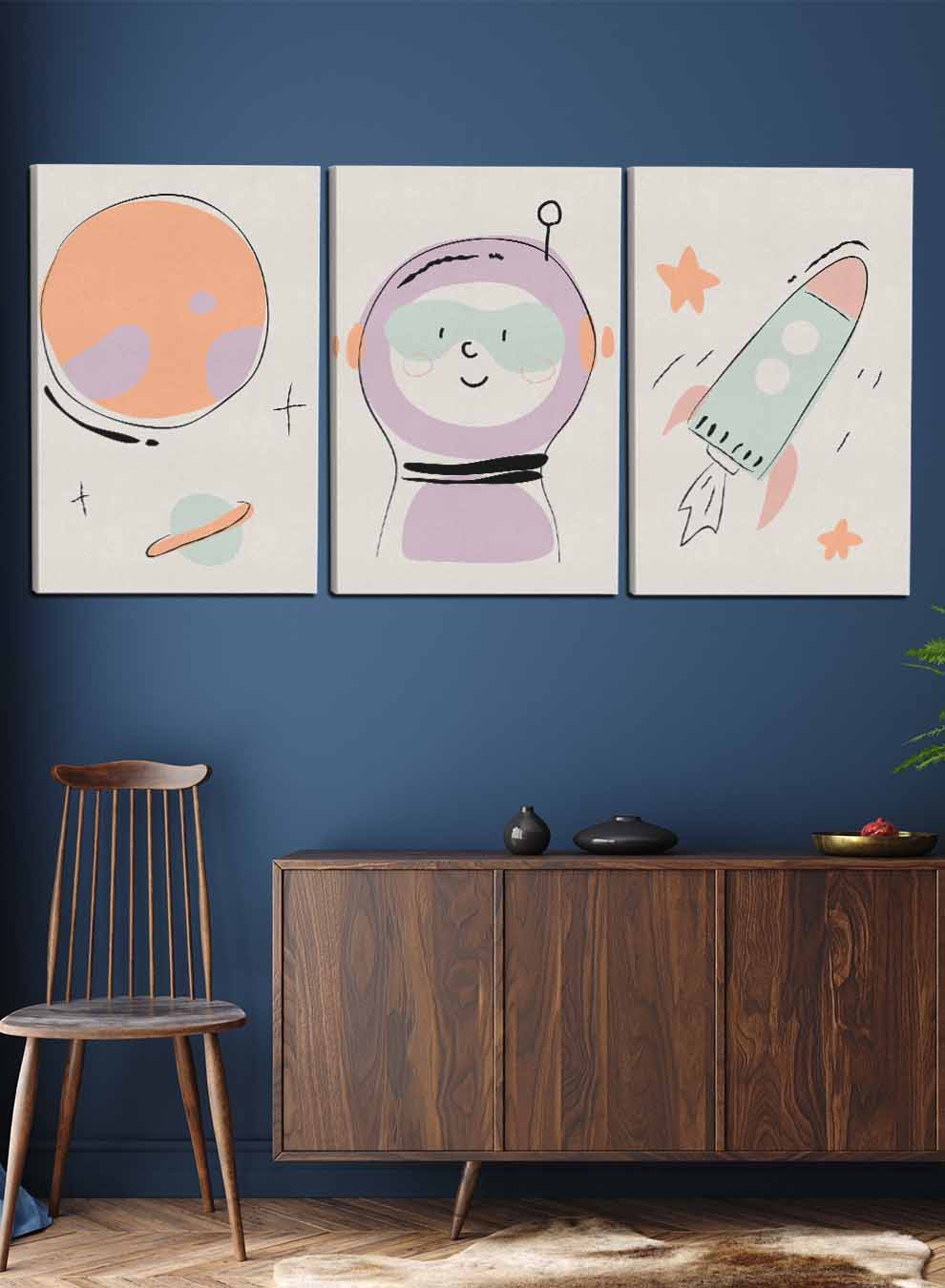 Kids Cute Astronaut Spaceship Stars Paintings(set of 3) Paintings & Pictures| LOWHA