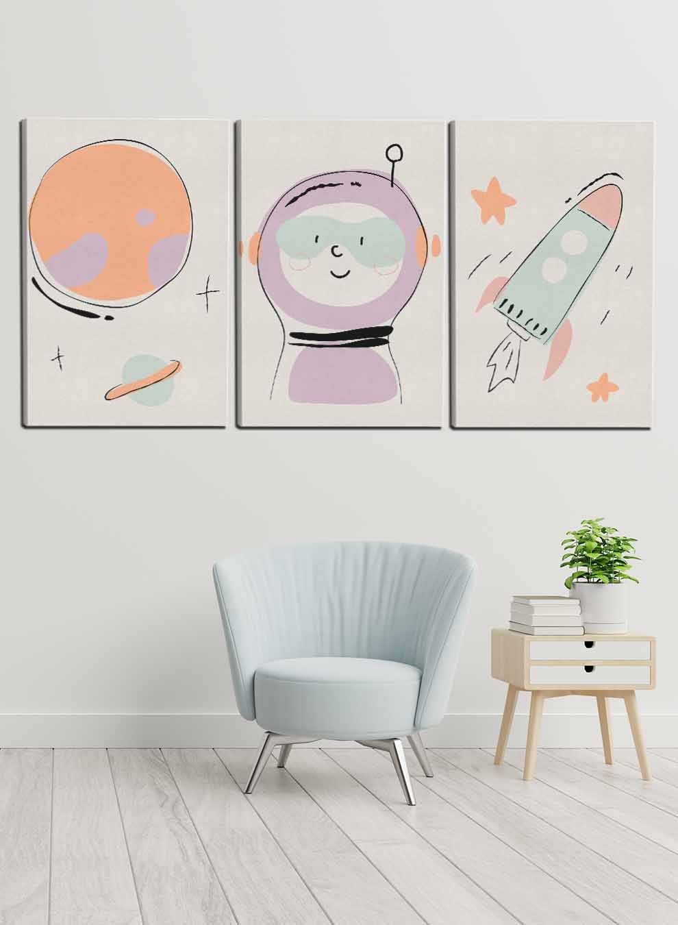 Kids Cute Astronaut Spaceship Stars Paintings(set of 3) Paintings & Pictures| LOWHA