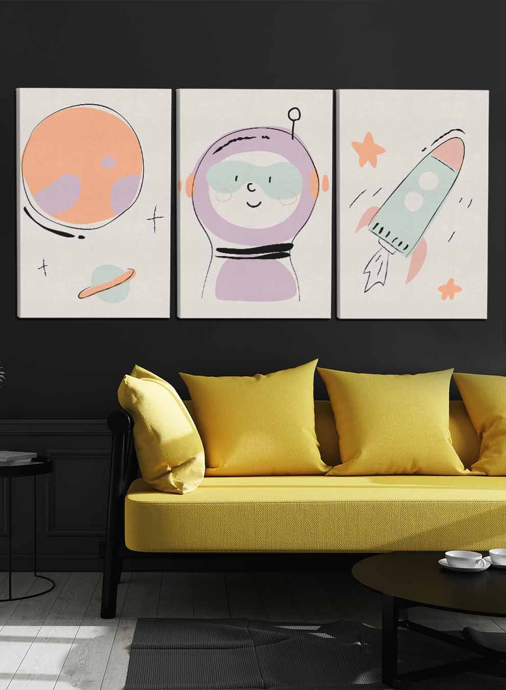 Kids Cute Astronaut Spaceship Stars Paintings(set of 3) Paintings & Pictures| LOWHA