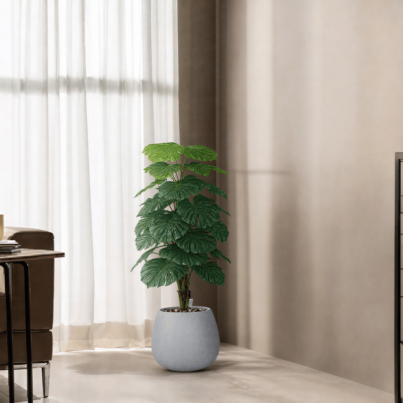 Large artificial heart-leaf alocasia tree. Cylinder plastic pot type. Available colors: cement spray. Artificial Plants| Otath