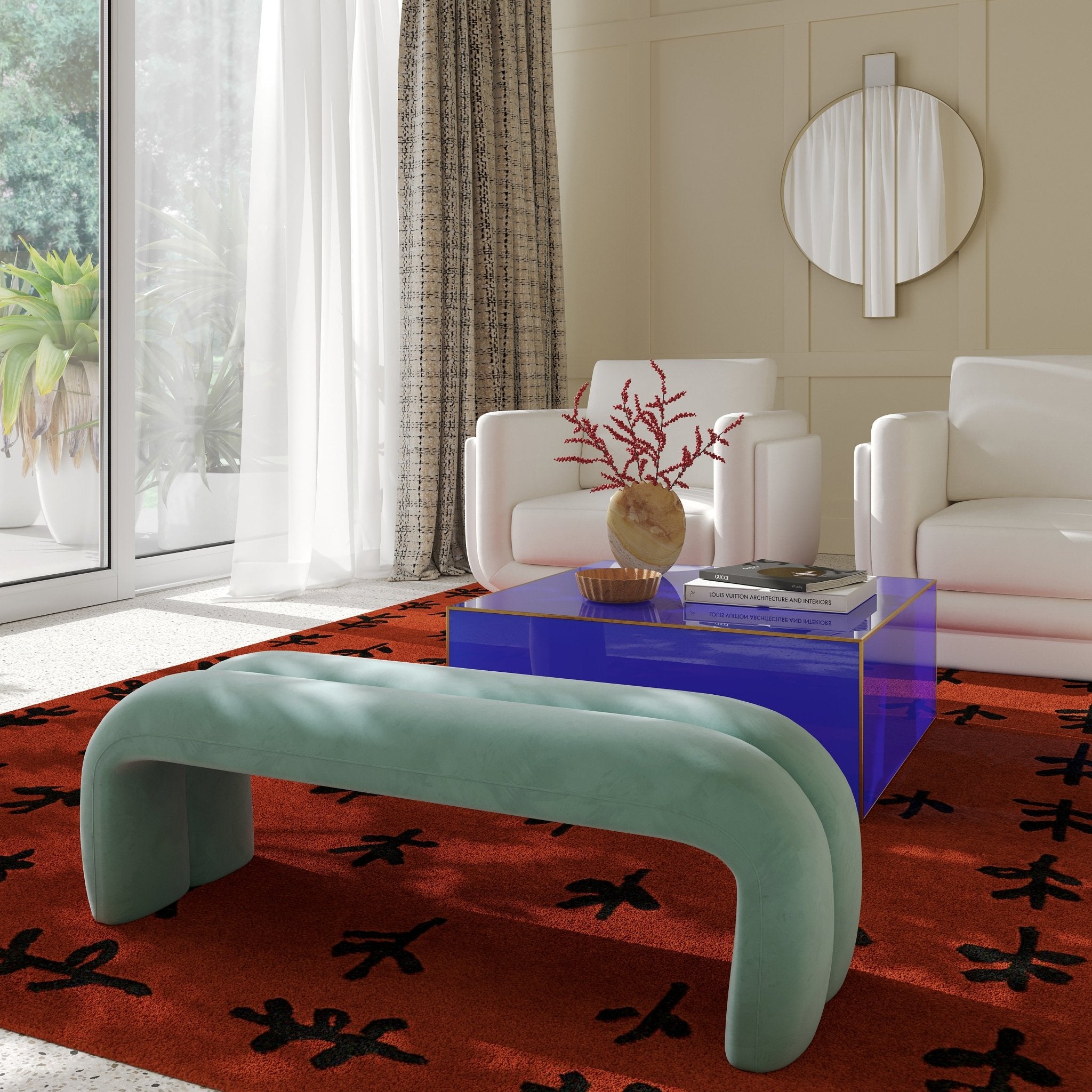 Leigh Green Velvet Channeled Bench Benches| TOV