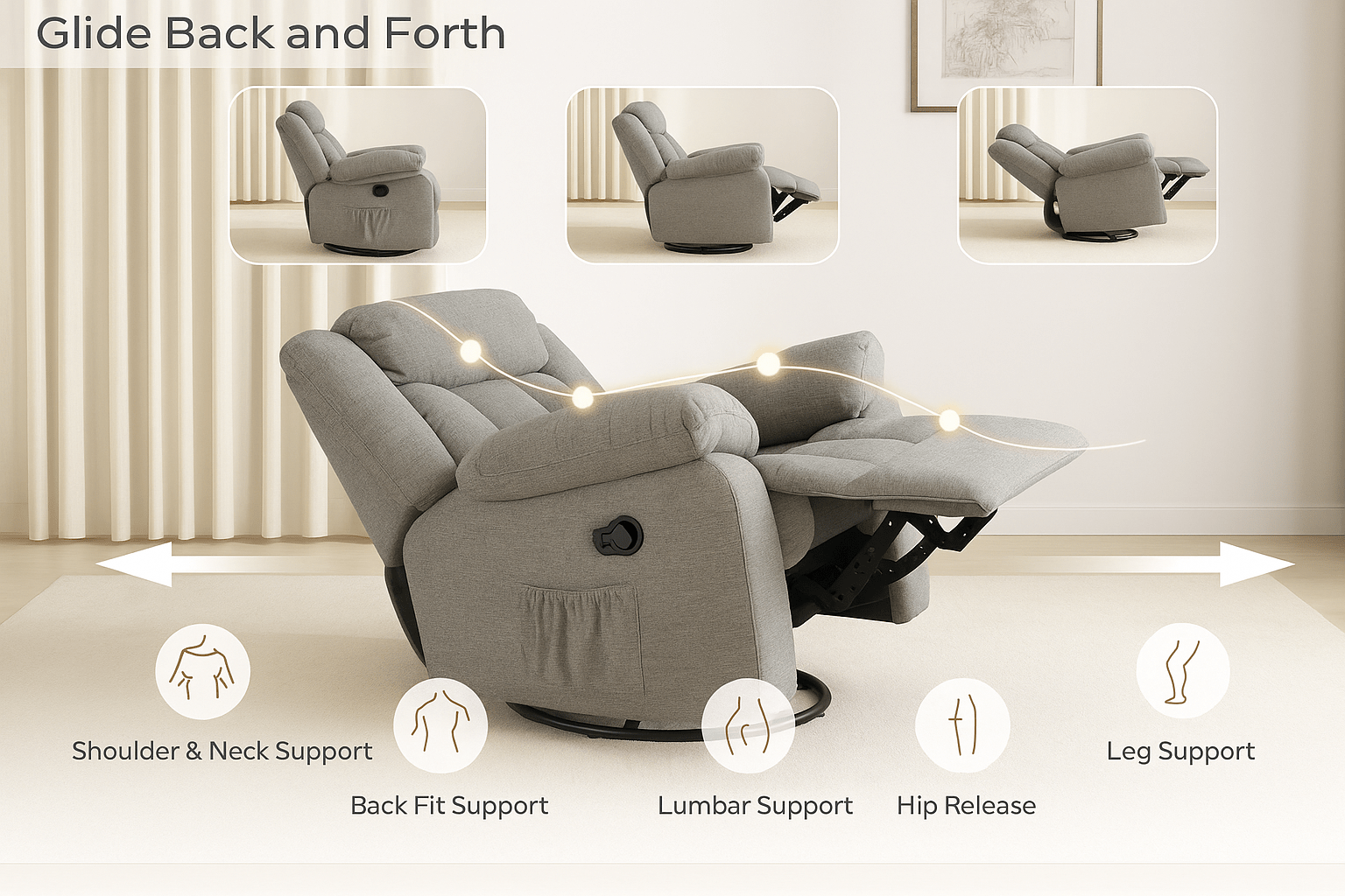 Lena Grey Swivel Recliner with Glider Recliners| Roots Furniture