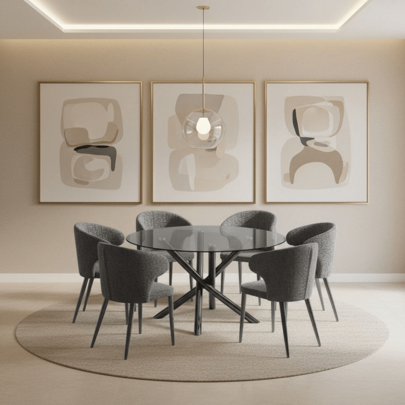 Livia Round Black Glass Dining Set – Table + 6 Chairs – Modern design with a refined hotel-style touch Dining Set| Otath