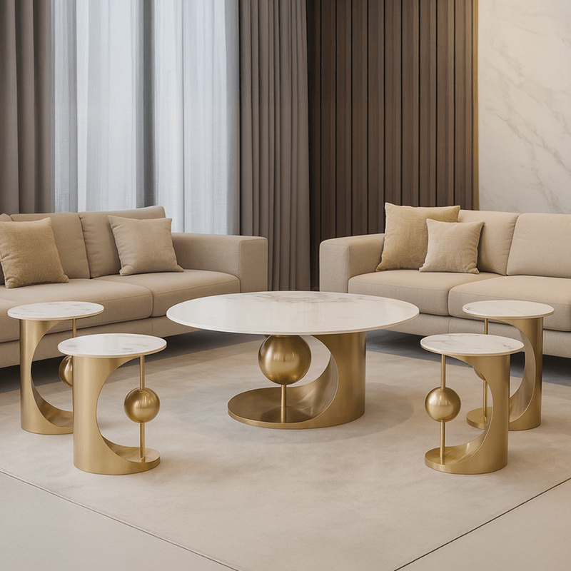 Luxury 5-Piece Ceramic Coffee & Side Table Set – Golden Base Table Sets| Otath