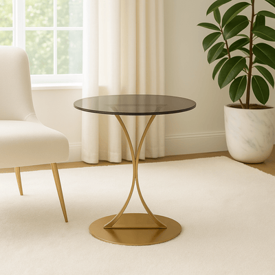 Luxury Side Table with Black Glass Top and Curved Gold Stainless Steel Base - Al Rugaib Furniture