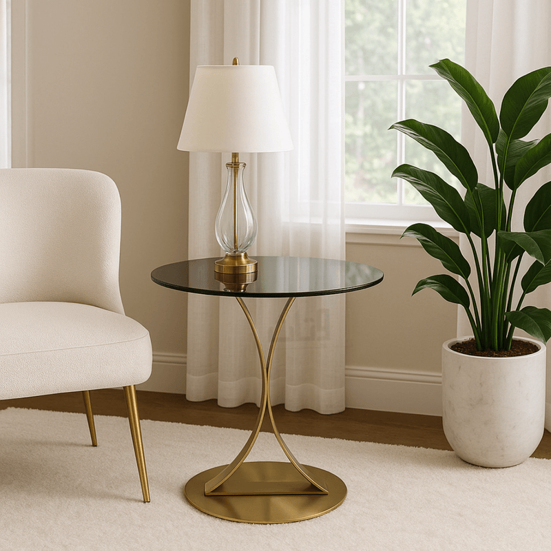 Luxury Side Table with Black Glass Top and Curved Gold Stainless Steel Base - Al Rugaib Furniture