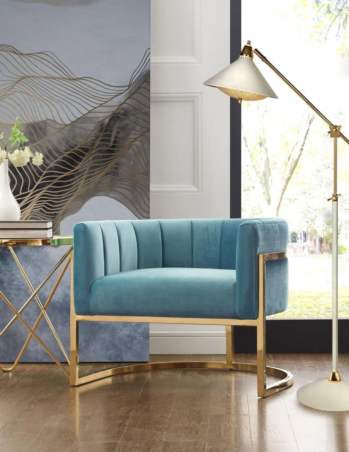 Magnolia Sea Blue Chair with Gold Base Chairs| TOV