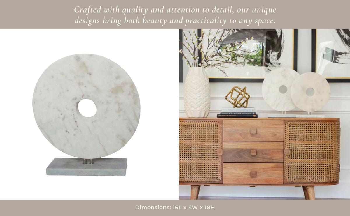 MARBLE 8"H DISK W/ BASE, WHITE Table Decors| Sagebrook Home