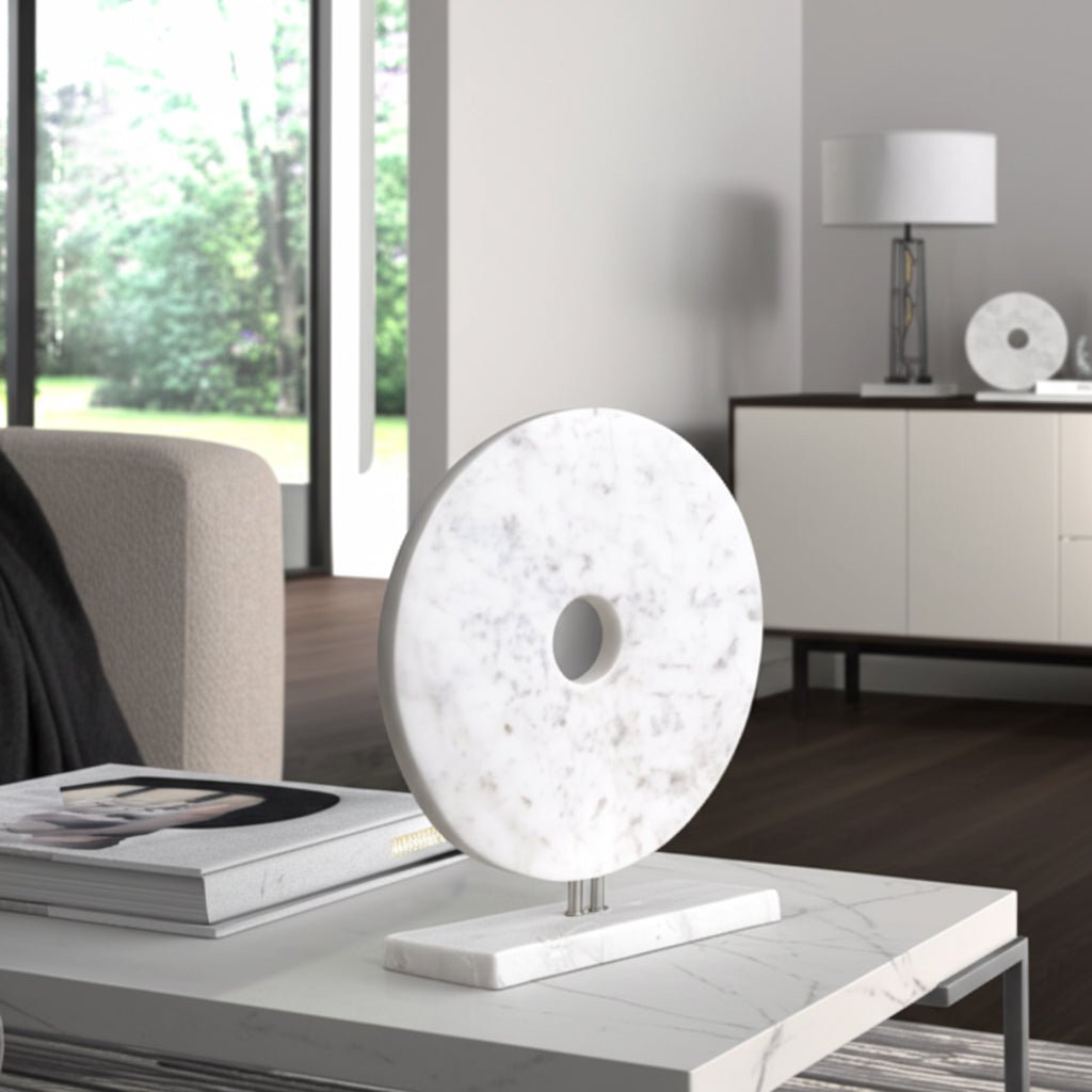 MARBLE 8"H DISK W/ BASE, WHITE Table Decors| Sagebrook Home