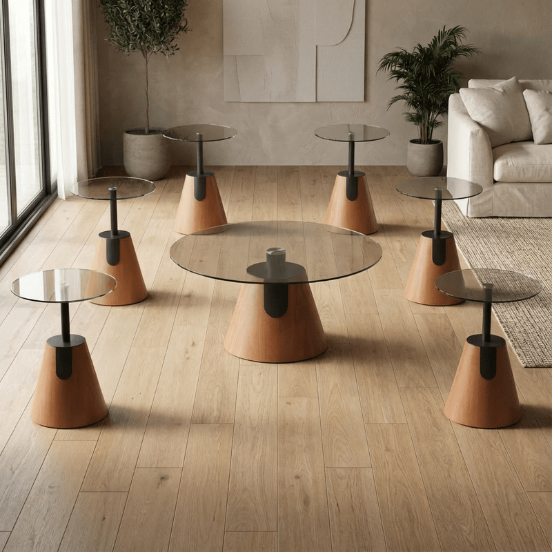 Marble Round Glass and Wood Coffee Table Set 1+6 – Dark Brown with a Practical Design Coffee Table Set| Otath