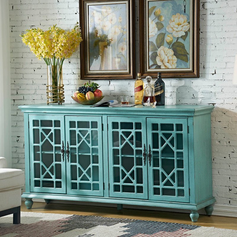 Mendenhall 4 Geometric Glass Door Textured Teal Sideboard Consoles & Sideboards| Crestview