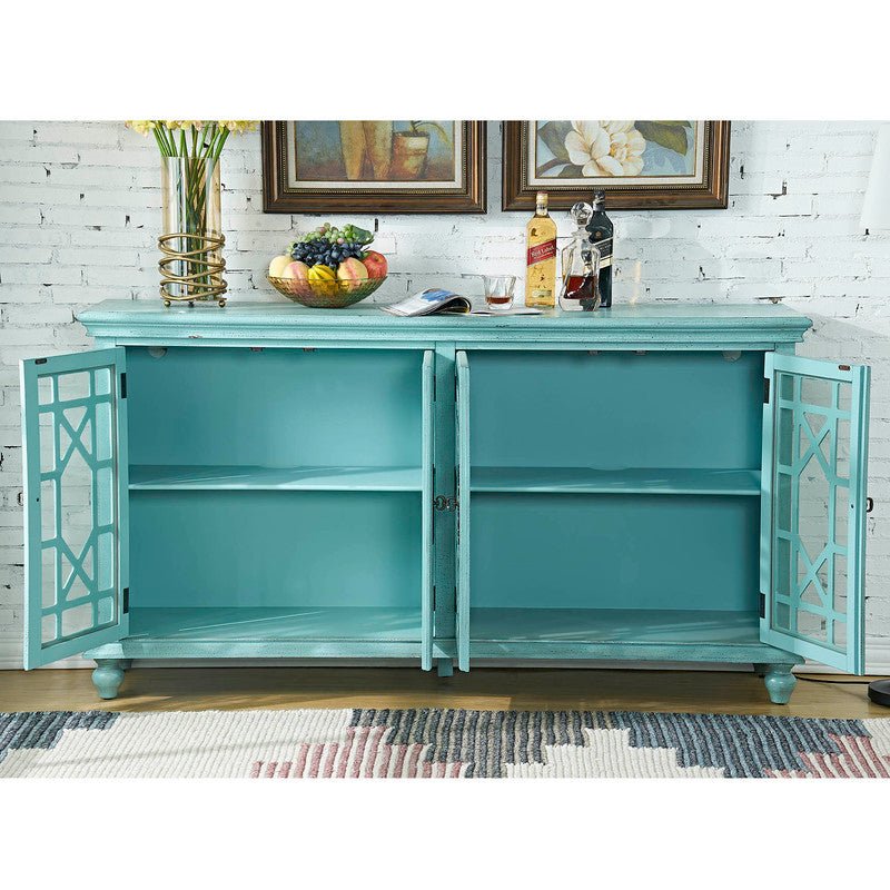 Mendenhall 4 Geometric Glass Door Textured Teal Sideboard Consoles & Sideboards| Crestview