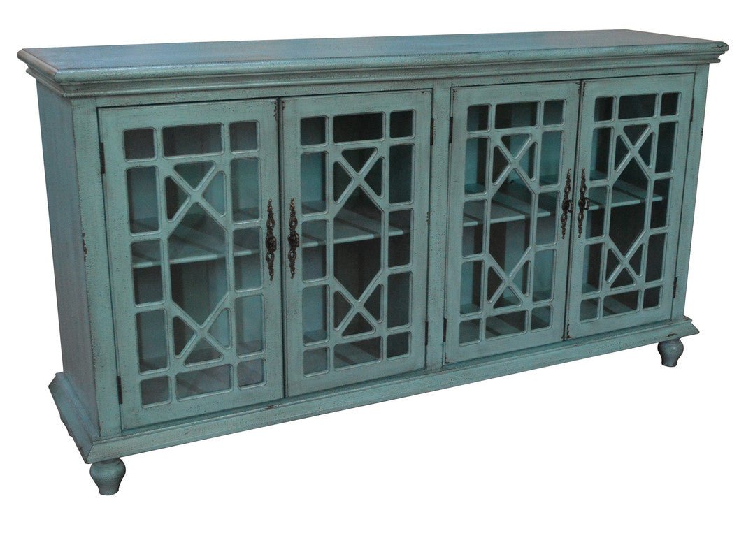 Mendenhall 4 Geometric Glass Door Textured Teal Sideboard Consoles & Sideboards| Crestview