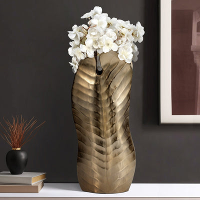Metal, 16" Botanic Tall Leaf Vase, Gold - Al Rugaib Furniture