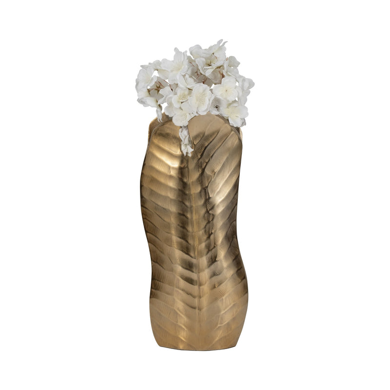 Metal, 16" Botanic Tall Leaf Vase, Gold - Al Rugaib Furniture