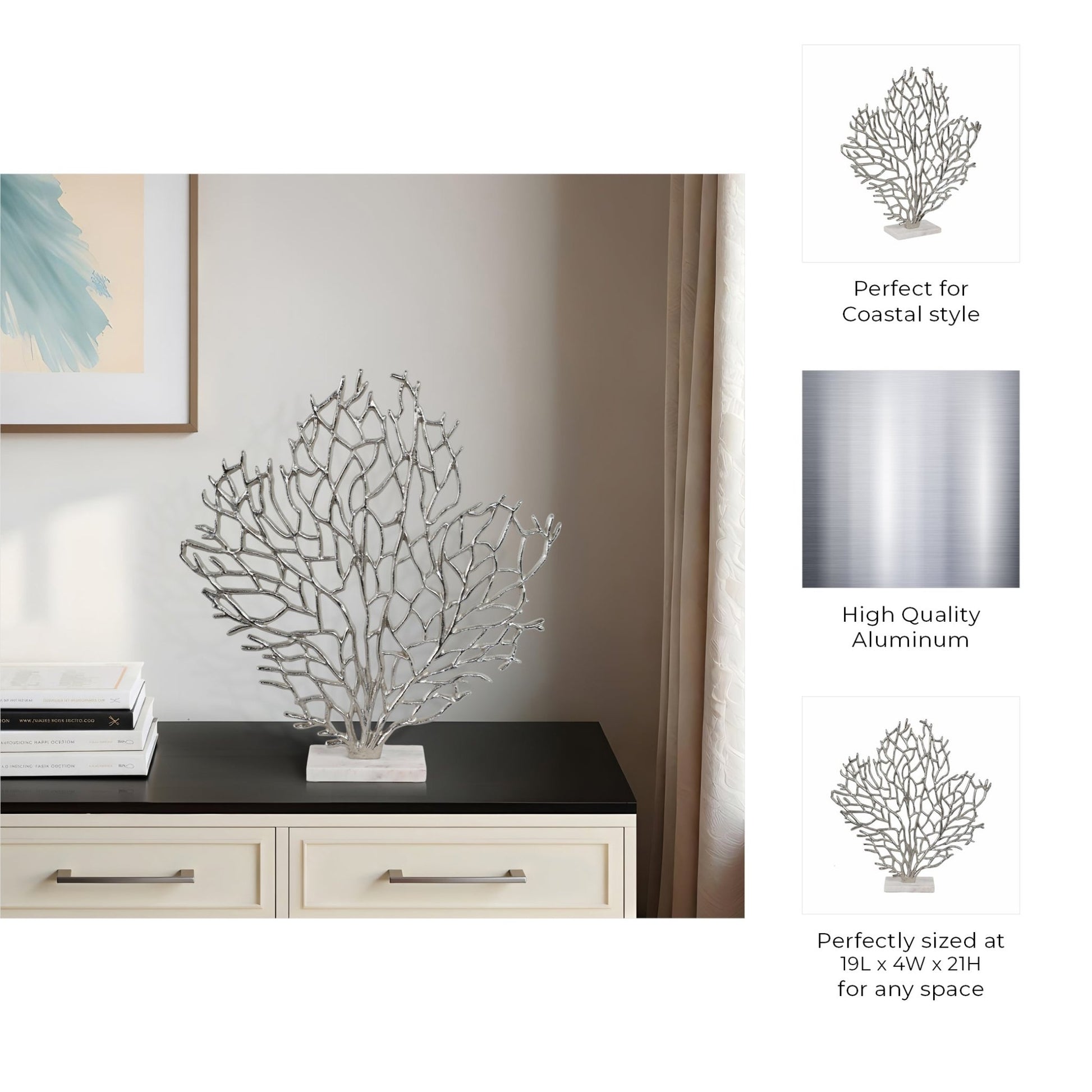 Metal, 21" Coral On Marble Base, Silver Table Decors| Sagebrook Home