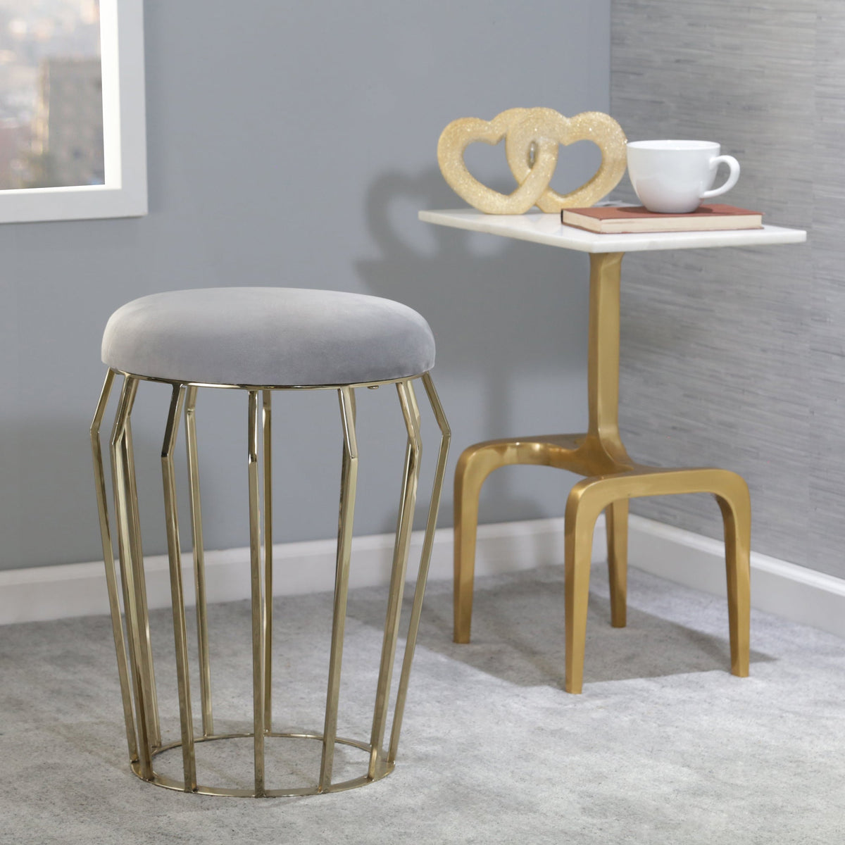 METAL 22" GOLD STOOL, GRAY CUSHION Stools| Sagebrook Home