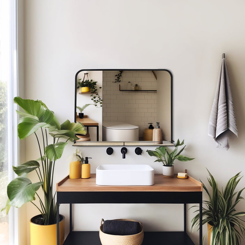 METAL, 24X18 MIRROR W/ FOLDING SHELF, BLACK/BROWN - Al Rugaib Furniture