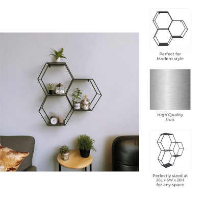 METAL, 26"H HEXAGON WALL SHELF, BLACK - Al Rugaib Furniture
