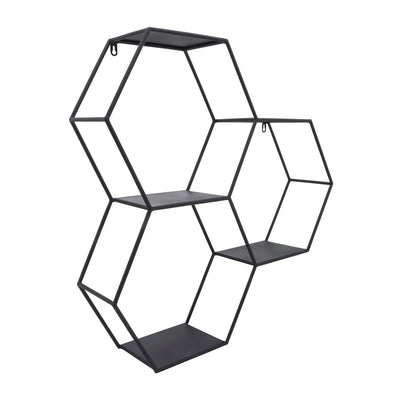 METAL, 26"H HEXAGON WALL SHELF, BLACK - Al Rugaib Furniture