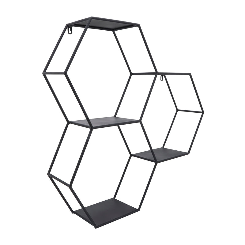 METAL, 26"H HEXAGON WALL SHELF, BLACK - Al Rugaib Furniture