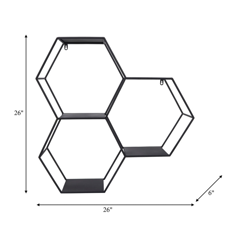 METAL, 26"H HEXAGON WALL SHELF, BLACK - Al Rugaib Furniture
