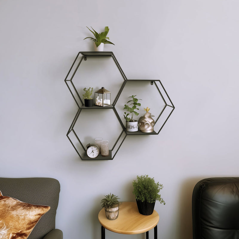 METAL, 26"H HEXAGON WALL SHELF, BLACK - Al Rugaib Furniture