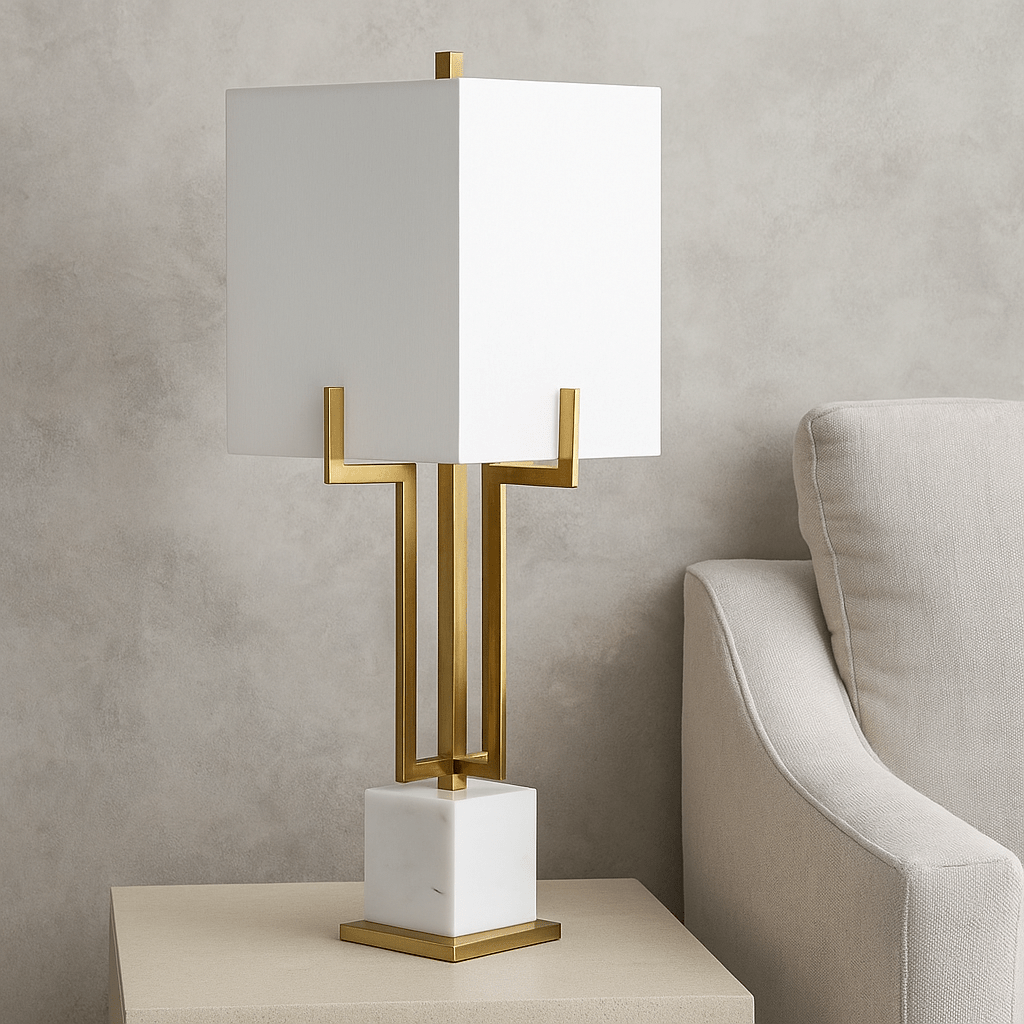 METAL 32" TABLE LAMP WITH WHITE MARBLE BASE, GOLD Table Lamps| Sagebrook Home