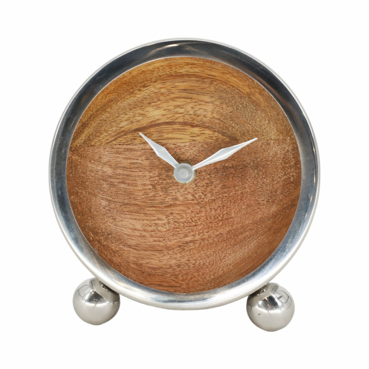 METAL, 5" ROUND WOOD FACE TABLE CLOCK, SILVER Table Decors| Sagebrook Home