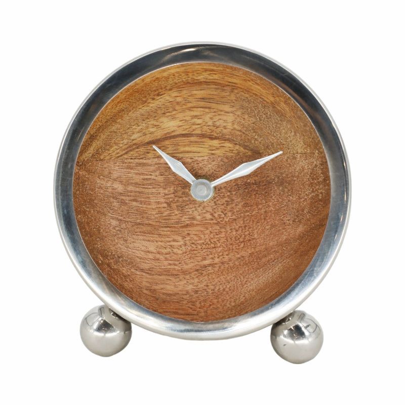 METAL, 5" ROUND WOOD FACE TABLE CLOCK, SILVER - Al Rugaib Furniture