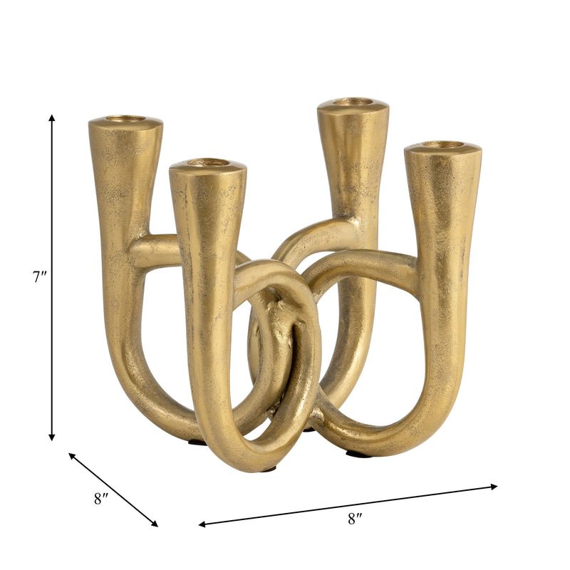 METAL, 7" FRENCH HORN 4 - TAPER CANDLEHOLDER, GOLD - Al Rugaib Furniture