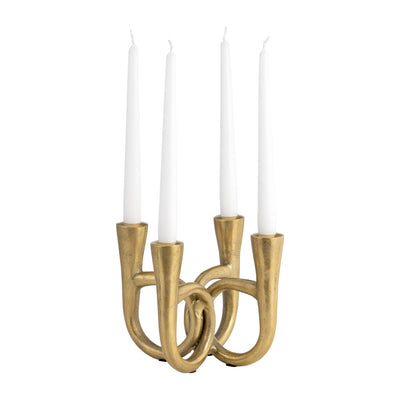 METAL, 7" FRENCH HORN 4 - TAPER CANDLEHOLDER, GOLD - Al Rugaib Furniture