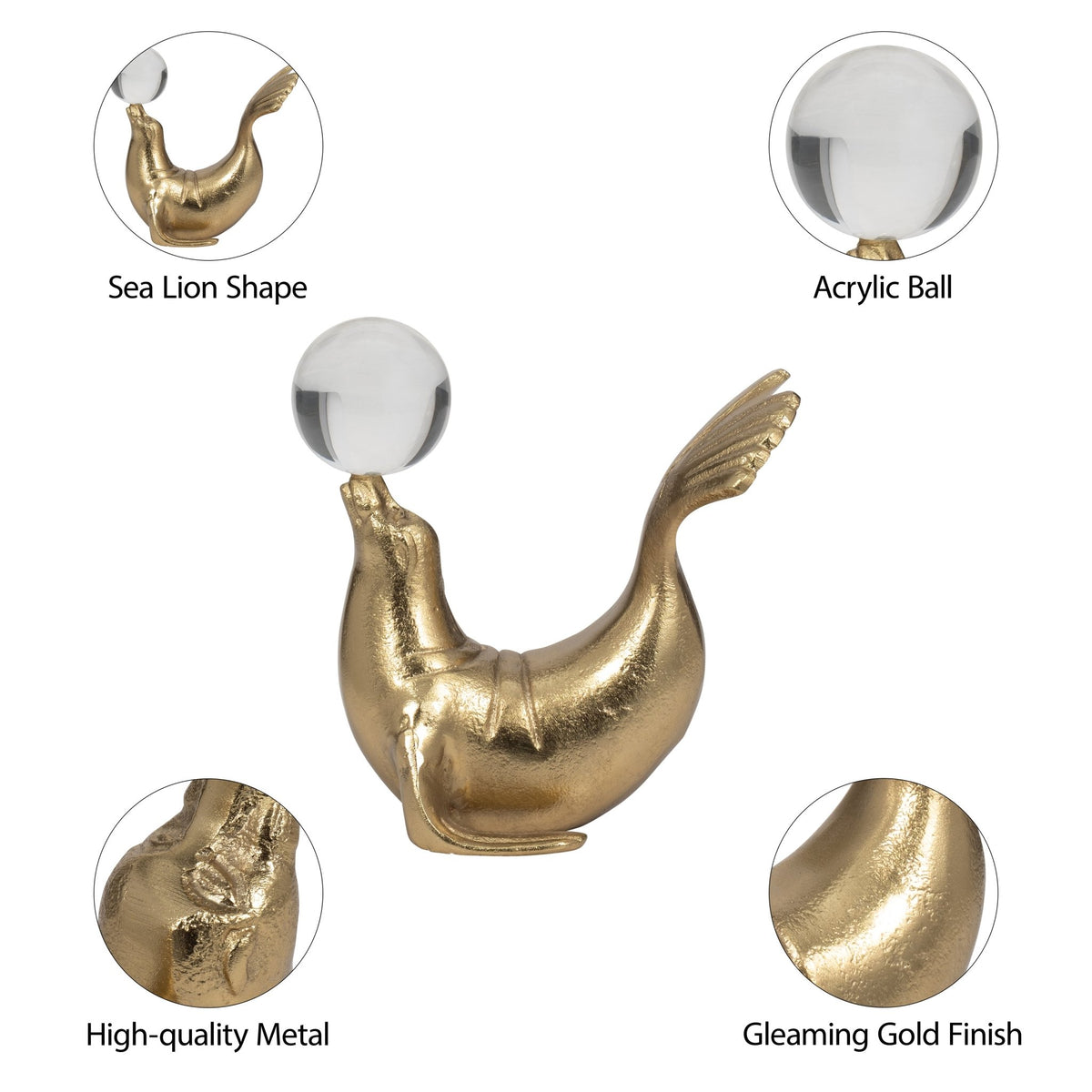 Metal, 7" Sea Lion W/ Acrylic Ball, Gold Table Decors| Sagebrook Home