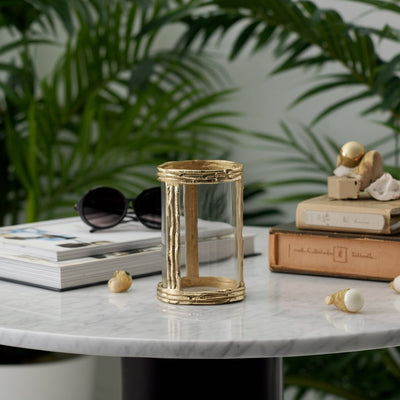 Metal, 8" Hurricane W Glass, Gold - Al Rugaib Furniture