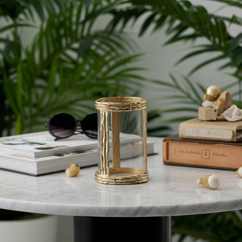 Metal, 8" Hurricane W Glass, Gold - Al Rugaib Furniture