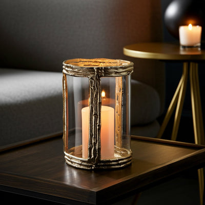 Metal, 8" Hurricane W Glass, Gold - Al Rugaib Furniture