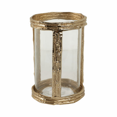 Metal, 8" Hurricane W Glass, Gold - Al Rugaib Furniture