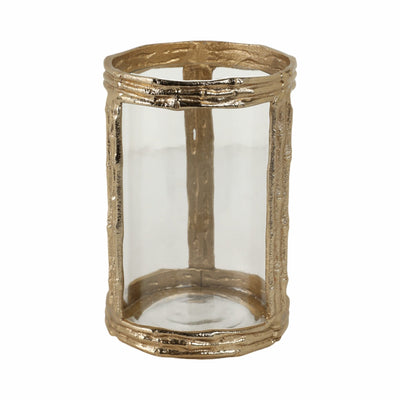 Metal, 8" Hurricane W Glass, Gold - Al Rugaib Furniture