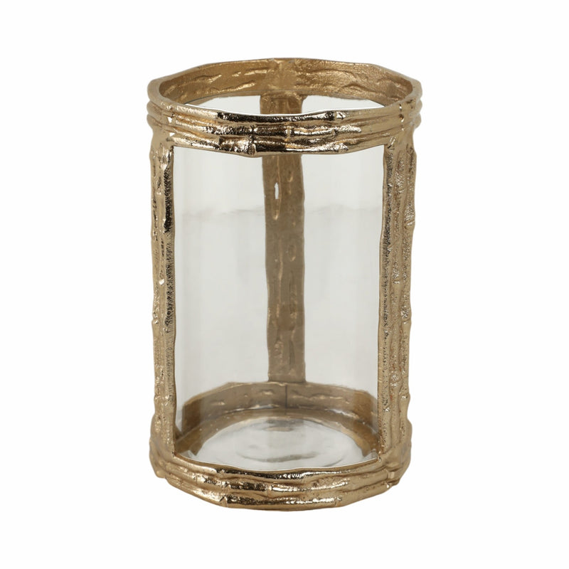 Metal, 8" Hurricane W Glass, Gold - Al Rugaib Furniture