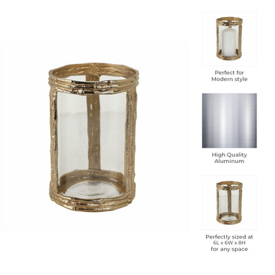 Metal, 8" Hurricane W Glass, Gold - Al Rugaib Furniture