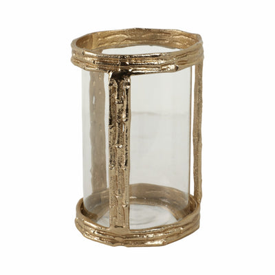 Metal, 8" Hurricane W Glass, Gold - Al Rugaib Furniture