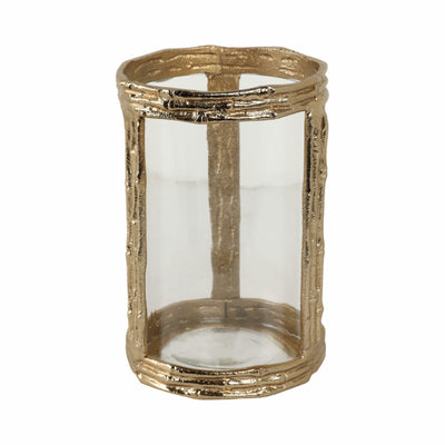 Metal, 8" Hurricane W Glass, Gold - Al Rugaib Furniture
